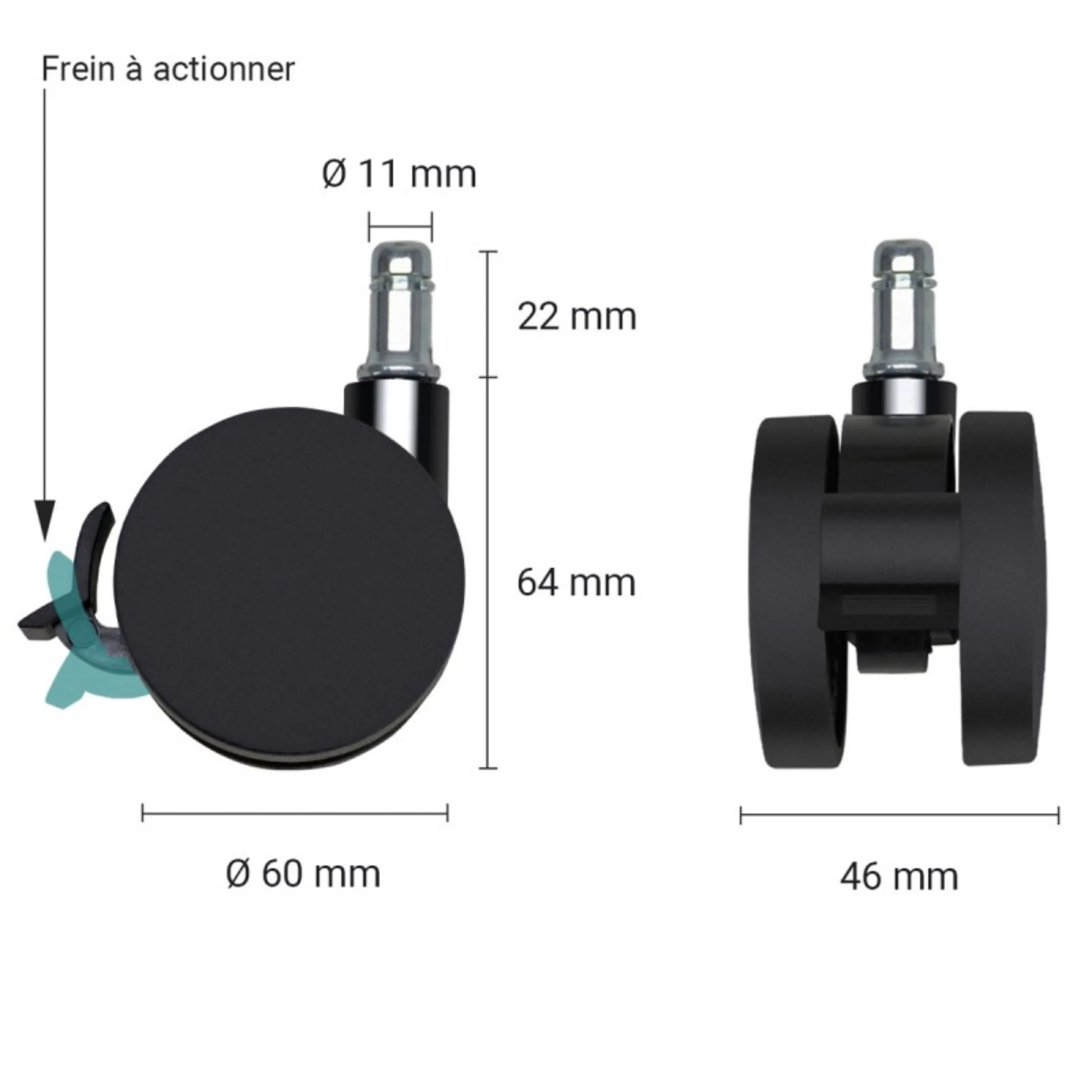 Jeu de 5 roulettes avec frein manuel tous sols dur 11/60mm – Waytex