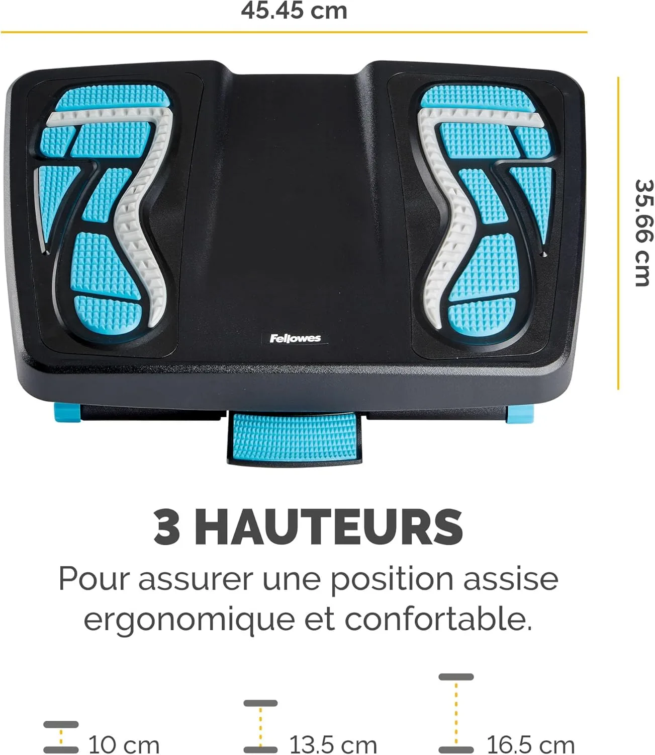 Repose-Pieds Énergisant Fellowes – schéma des dimensions et des 3 hauteurs