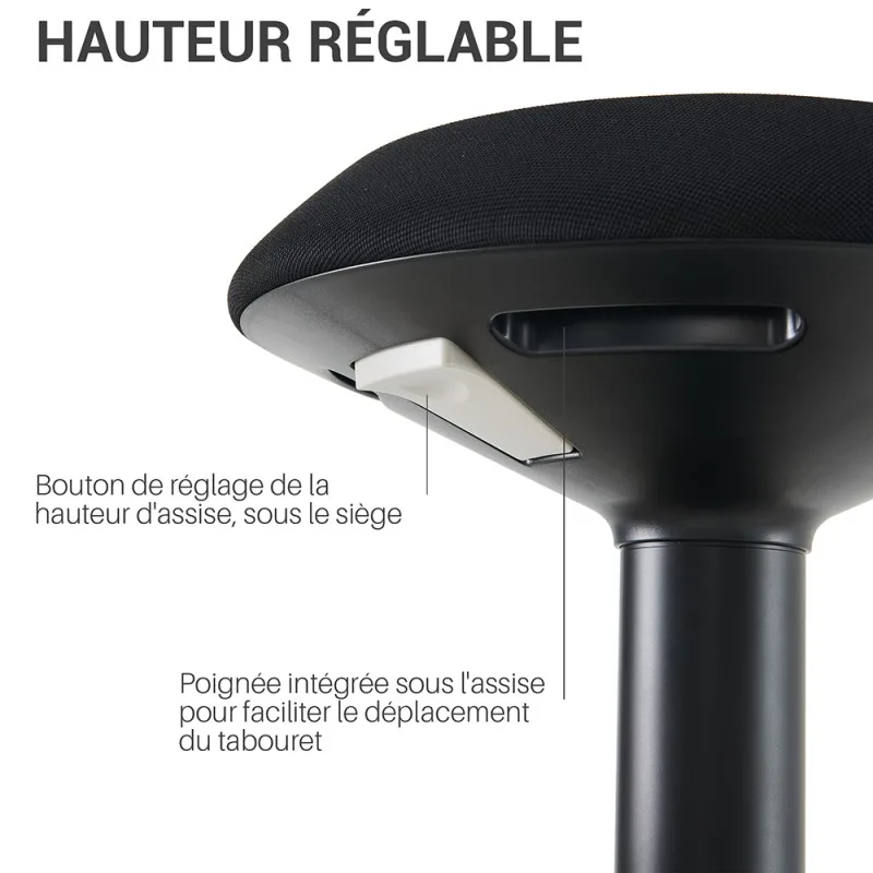 Tabouret de bureau dynamique SCORPI noir – Waytex – détail du bouton de réglage de la hauteur et de la poignée sous l'assise