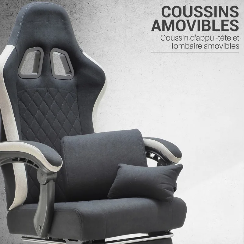 Chaise gaming OKTOS noir et gris avec repose-pieds – Waytex – détail des coussins amovibles d'appui-tête et lombaire