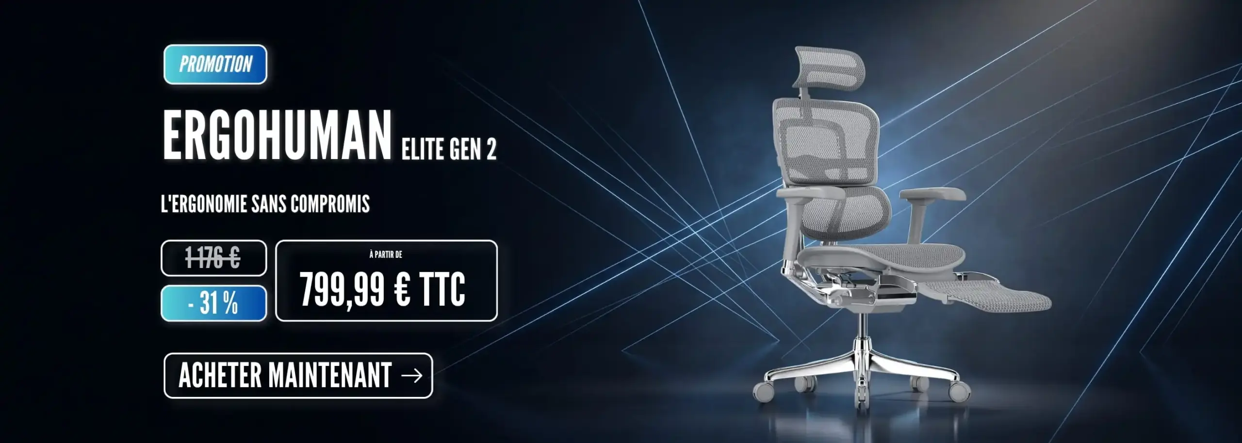 Promotion fauteuil ergonomique Ergohuman Elite Gen 2 à partir de 799,99 € TTC au lieu de 1 176 €, soit -31%