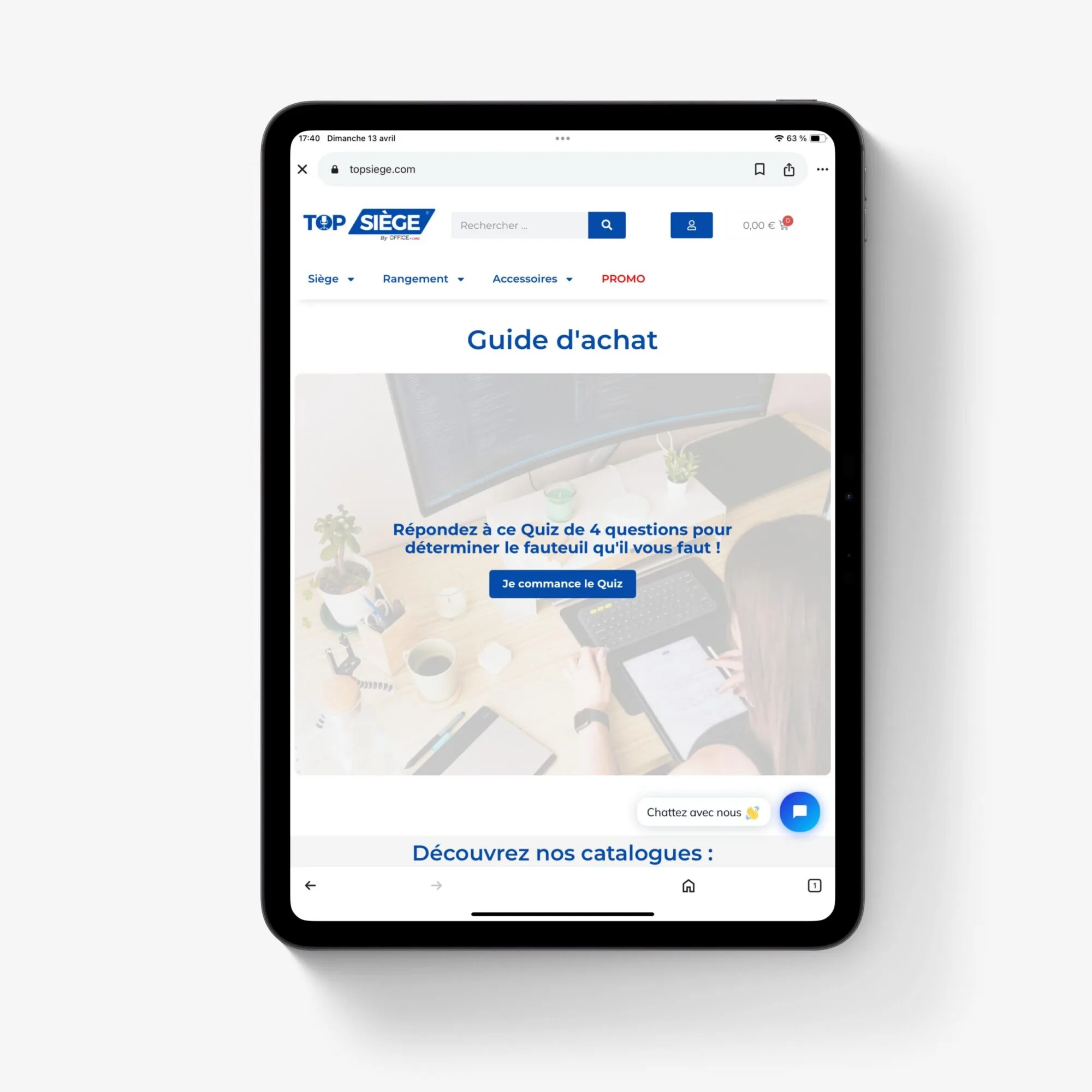 Page Guide d'achat de Top Siège affichée sur une tablette
