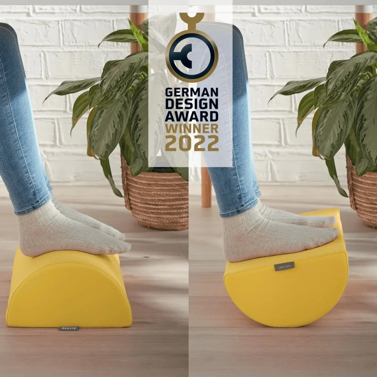 Repose-pieds Leitz Ergo Cosy – Jaune – en situation, pieds posés dessus, deux positions d'utilisation