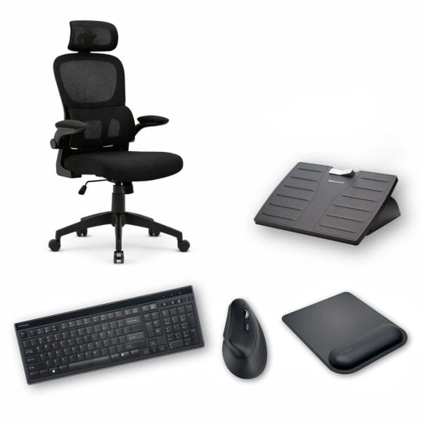 Pack Télétravail Optimal – Fauteuil, Repose-Pieds, Clavier, Souris Verticale et Tapis Repose-Poignet