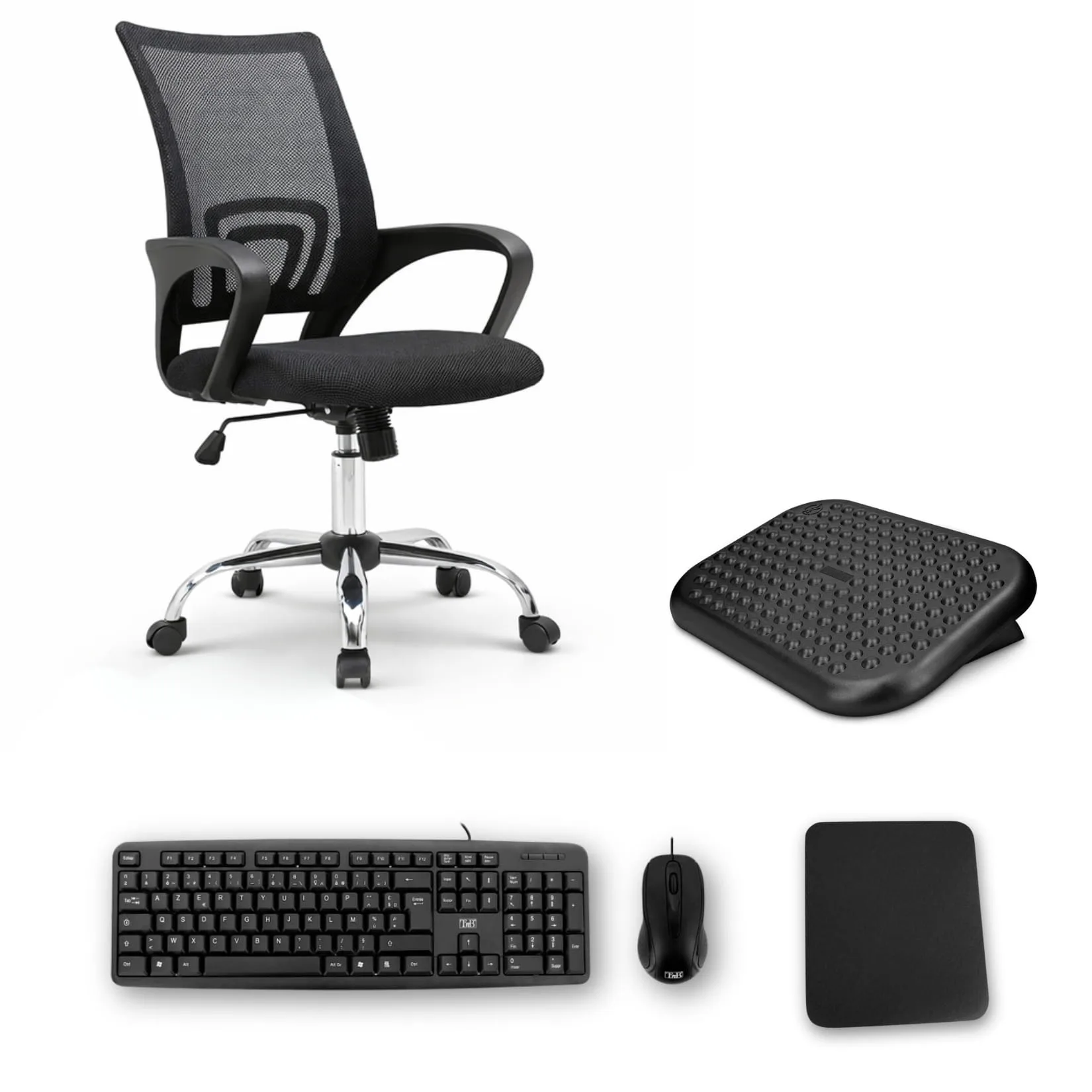 Pack Télétravail Complet – Fauteuil, Repose-Pieds, Kit Clavier Souris et tapis de souris – Q-connect